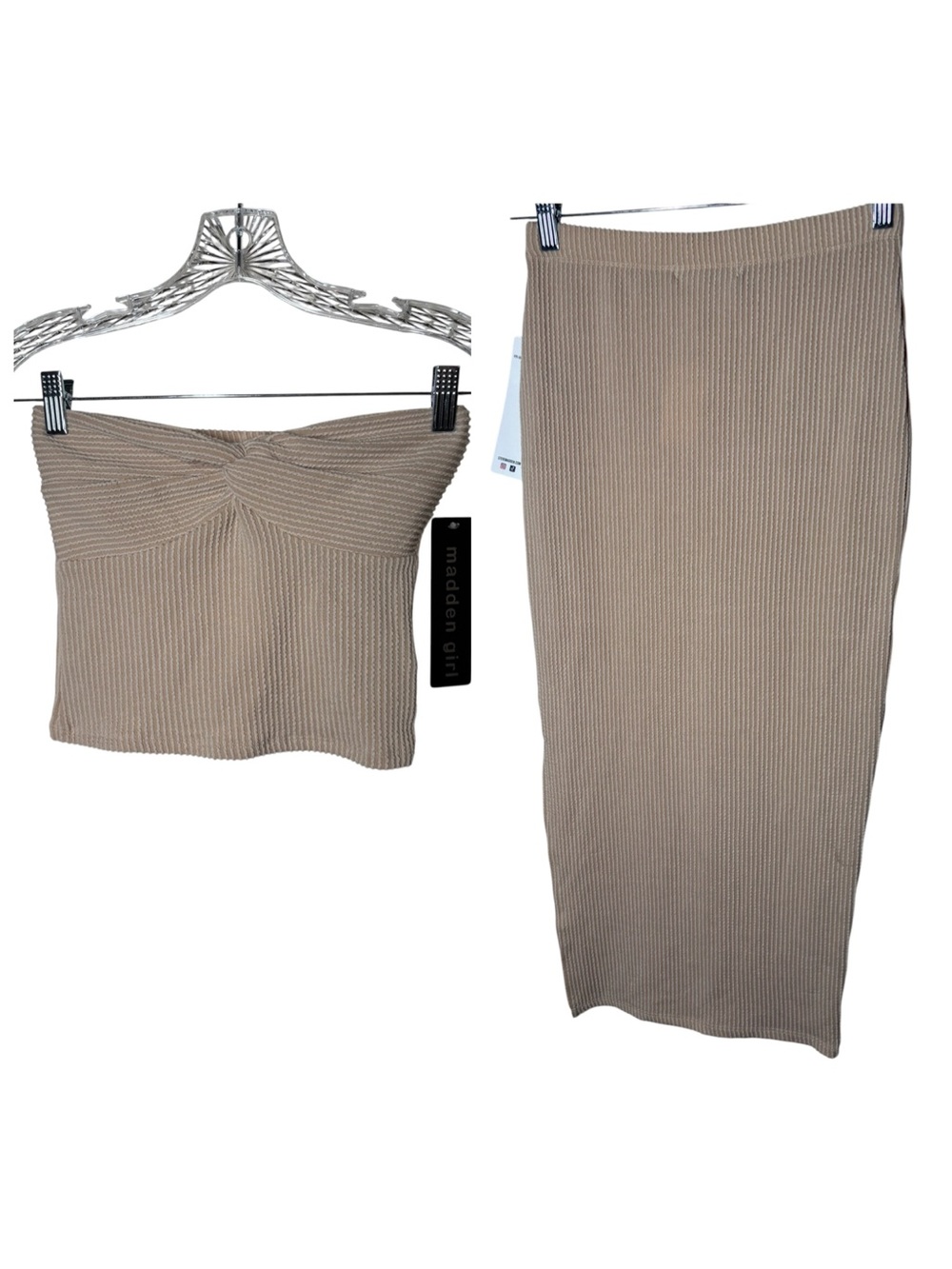 {NWT} Madden Girl Beige Ribbed Knit Strapless Top & Midi Skirt Set S/M